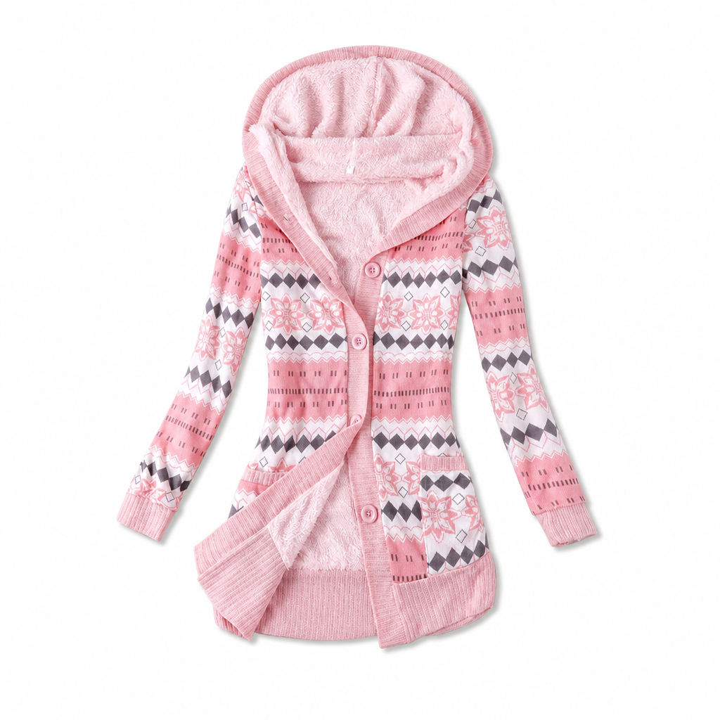 Janke - Cardigan long femme à capuche en maille jacquard et boutons