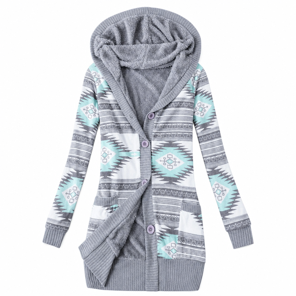Janke - Cardigan long femme à capuche en maille jacquard et boutons
