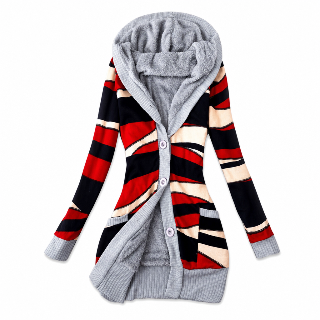 Janke - Cardigan long femme à capuche en maille jacquard et boutons
