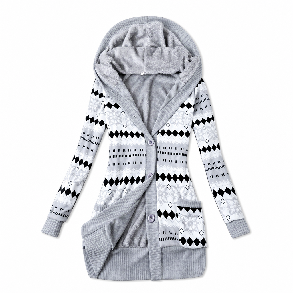 Janke - Cardigan long femme à capuche en maille jacquard et boutons