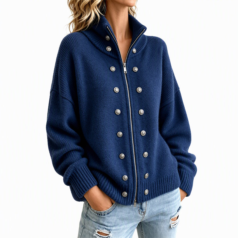 Léane - Cardigan femme en maille à col montant et boutons décoratifs