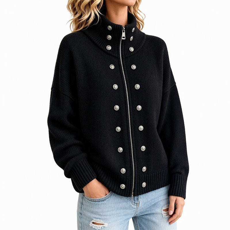 Léane - Cardigan femme en maille à col montant et boutons décoratifs
