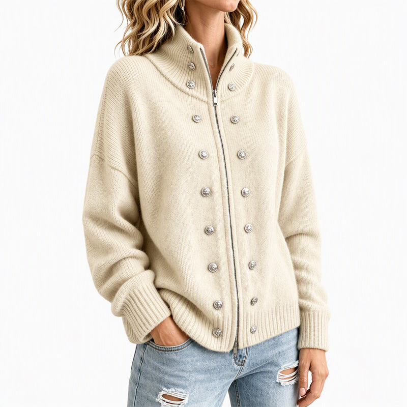 Léane - Cardigan femme en maille à col montant et boutons décoratifs