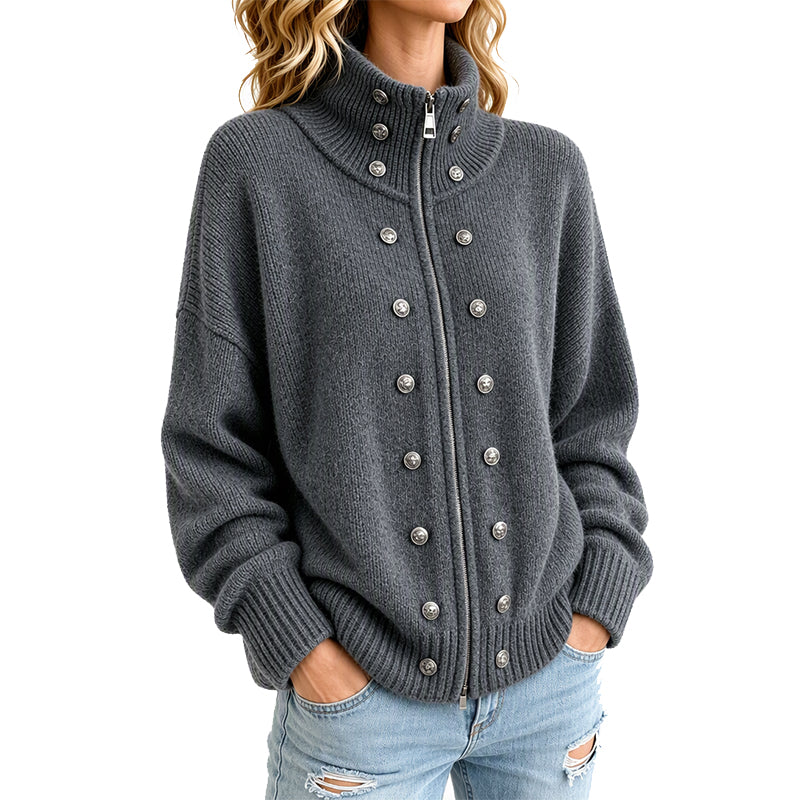 Léane - Cardigan femme en maille à col montant et boutons décoratifs