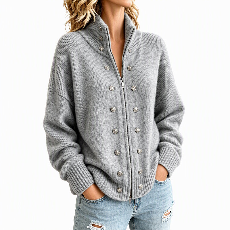 Léane - Cardigan femme en maille à col montant et boutons décoratifs