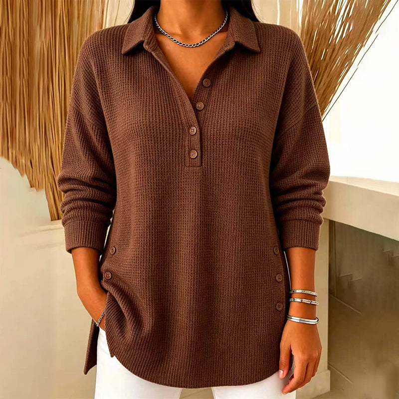 Fieneke - Haut femme en maille gaufrée à col polo et manches longues