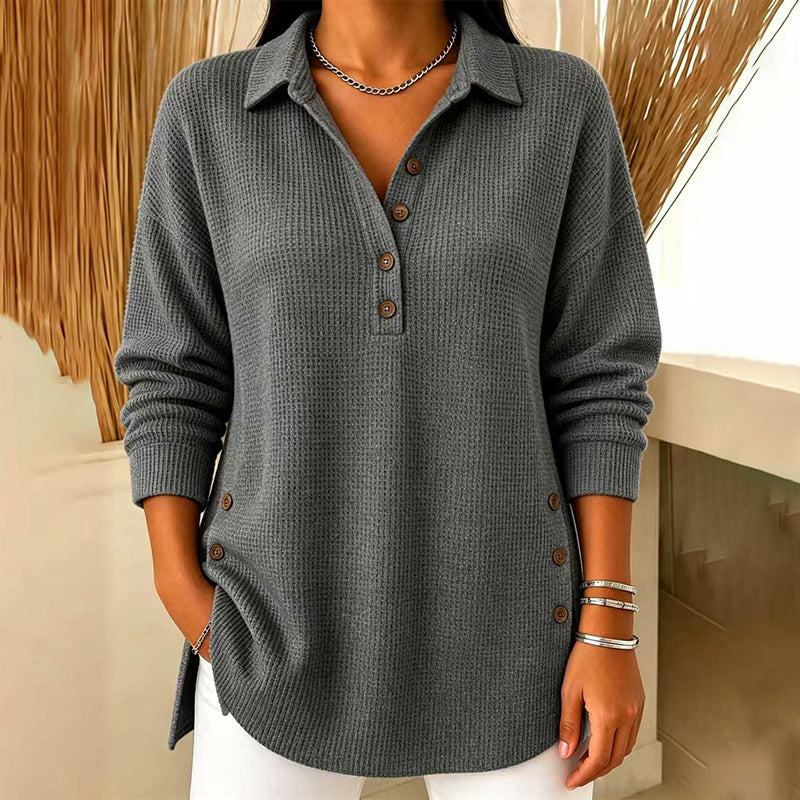 Fieneke - Haut femme en maille gaufrée à col polo et manches longues