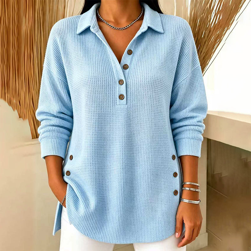 Fieneke - Haut femme en maille gaufrée à col polo et manches longues