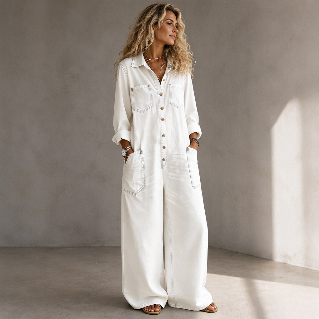 Elien - Combinaison pantalon femme en denim à jambes larges style vintage