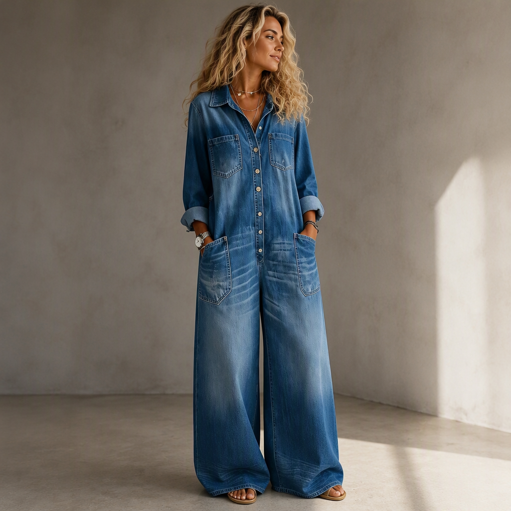 Elien - Combinaison pantalon femme en denim à jambes larges style vintage
