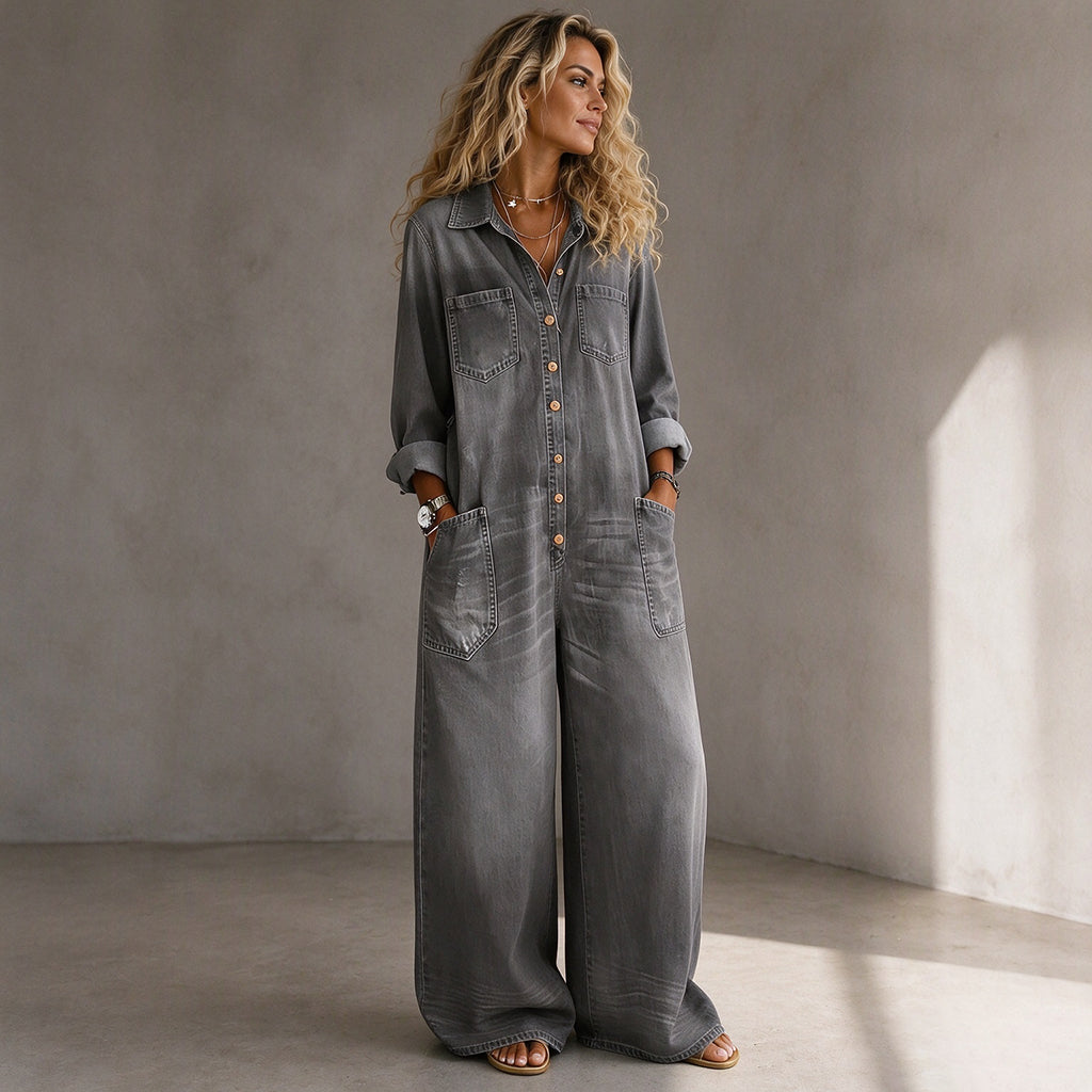 Elien - Combinaison pantalon femme en denim à jambes larges style vintage