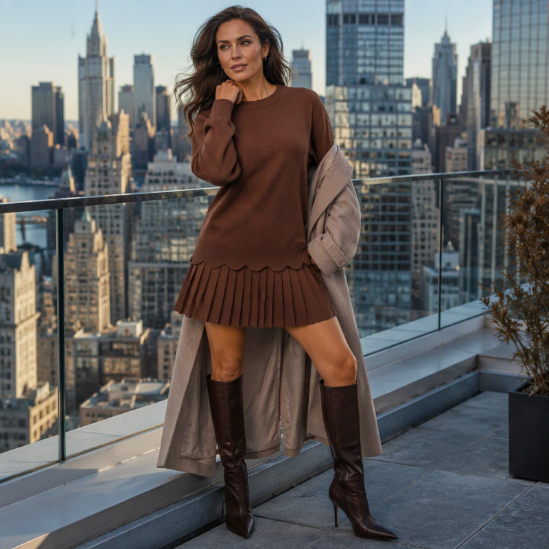 Lutgarde - Ensemble femme en maille avec pull festonné et jupe plissée