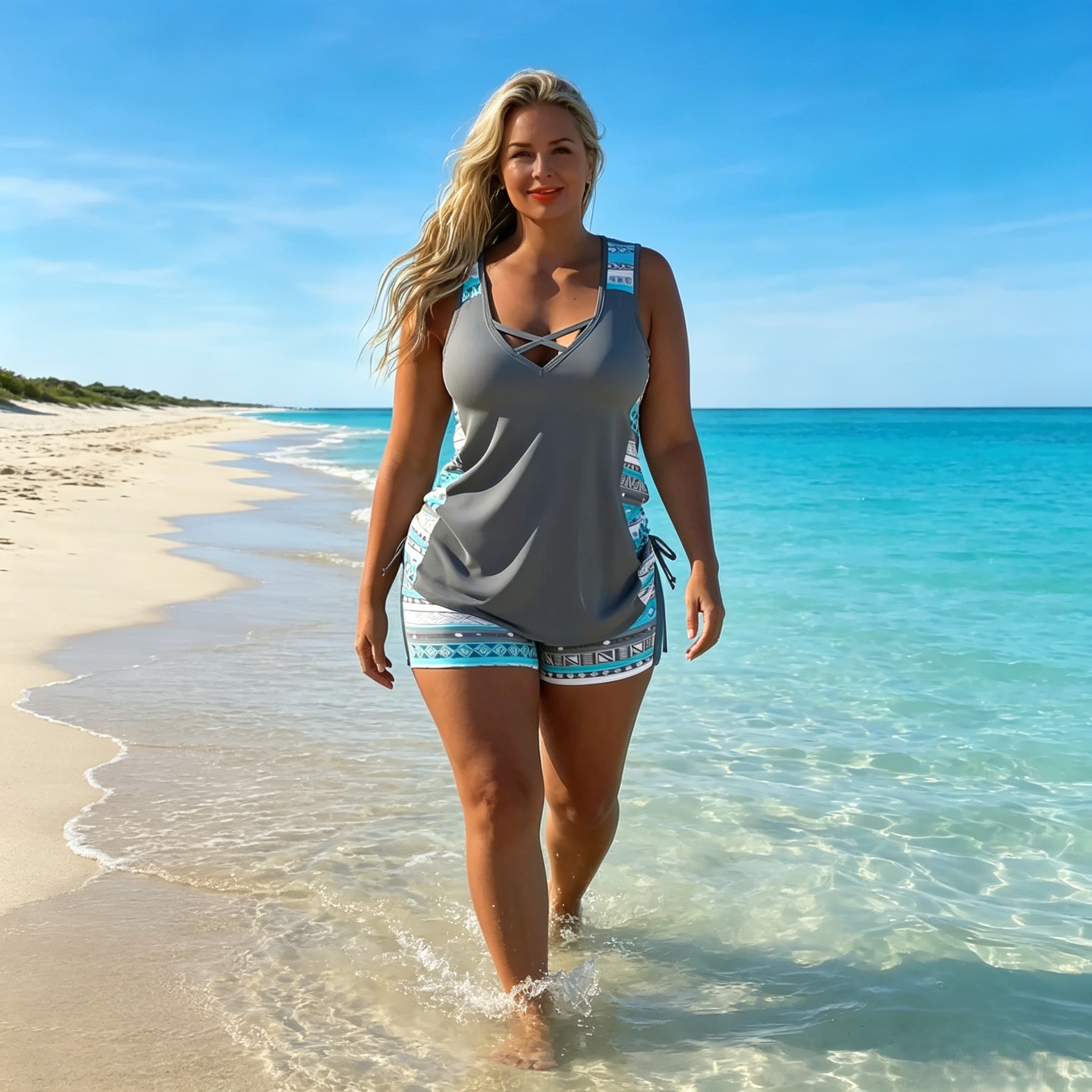 Tovienne™ - Tankini femme deux pièces col V shorts imprimé géométrique