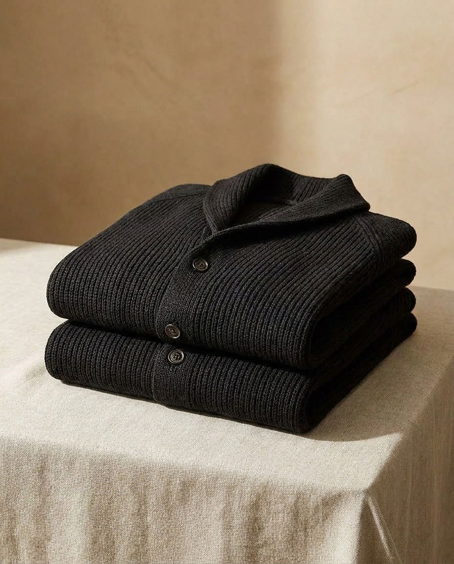 Kevin - Cardigan homme en maille côtelée à col châle et boutons