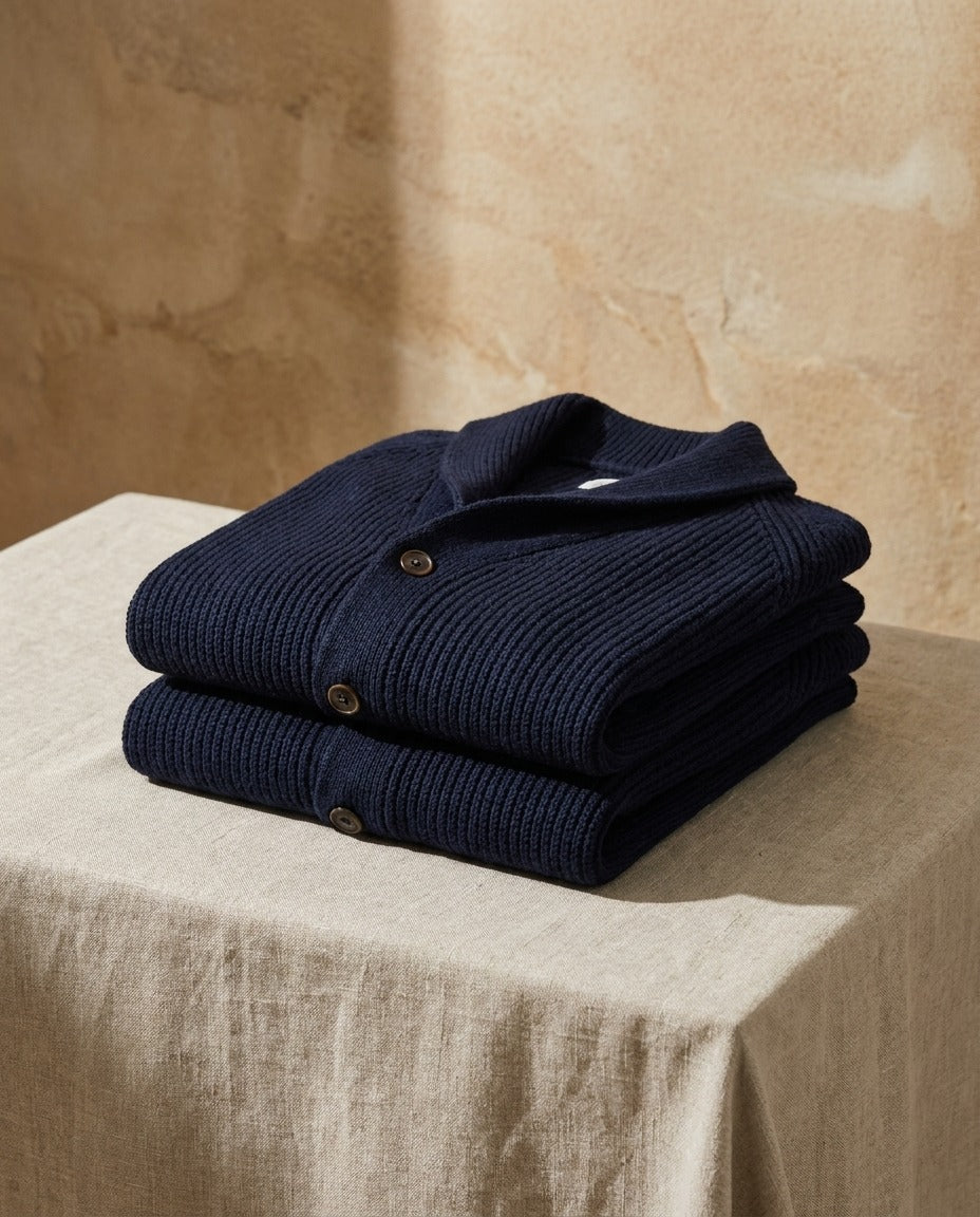 Kevin - Cardigan homme en maille côtelée à col châle et boutons