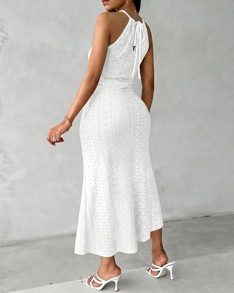 Fynovia™ - Robe midi femme jacquard ajourée col halter élégante fendue