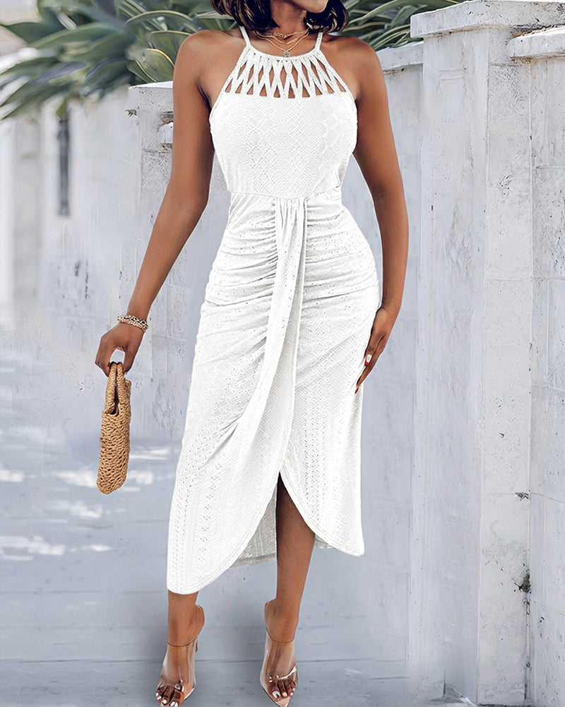 Fynovia™ - Robe midi femme jacquard ajourée col halter élégante fendue