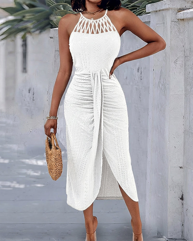 Fynovia™ - Robe midi femme jacquard ajourée col halter élégante fendue
