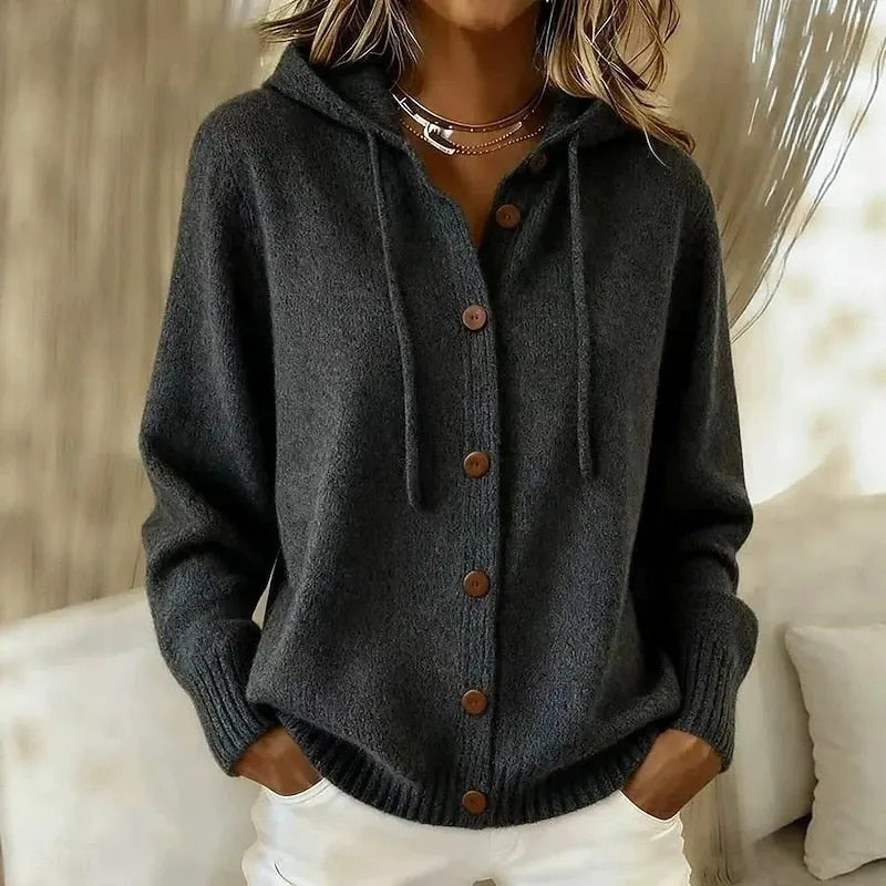 Ameline - Cardigan femme à capuche boutonné en maille douce