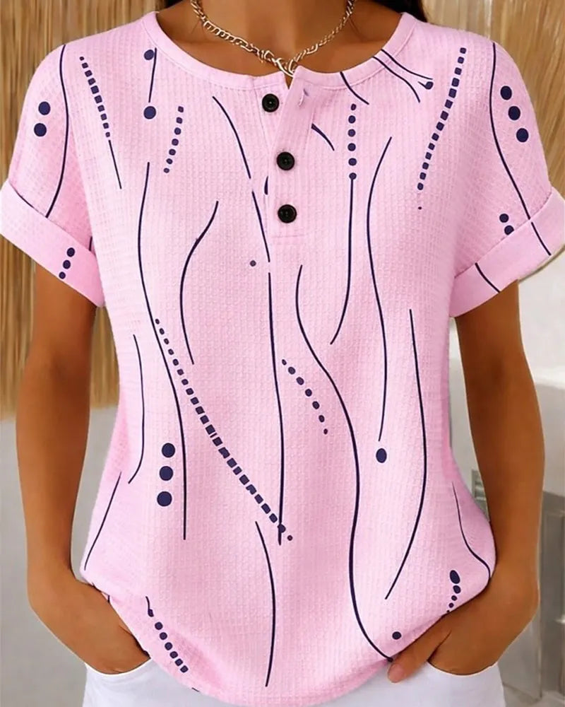 Zelynn - T-shirt femme imprimé à manches courtes avec boutons