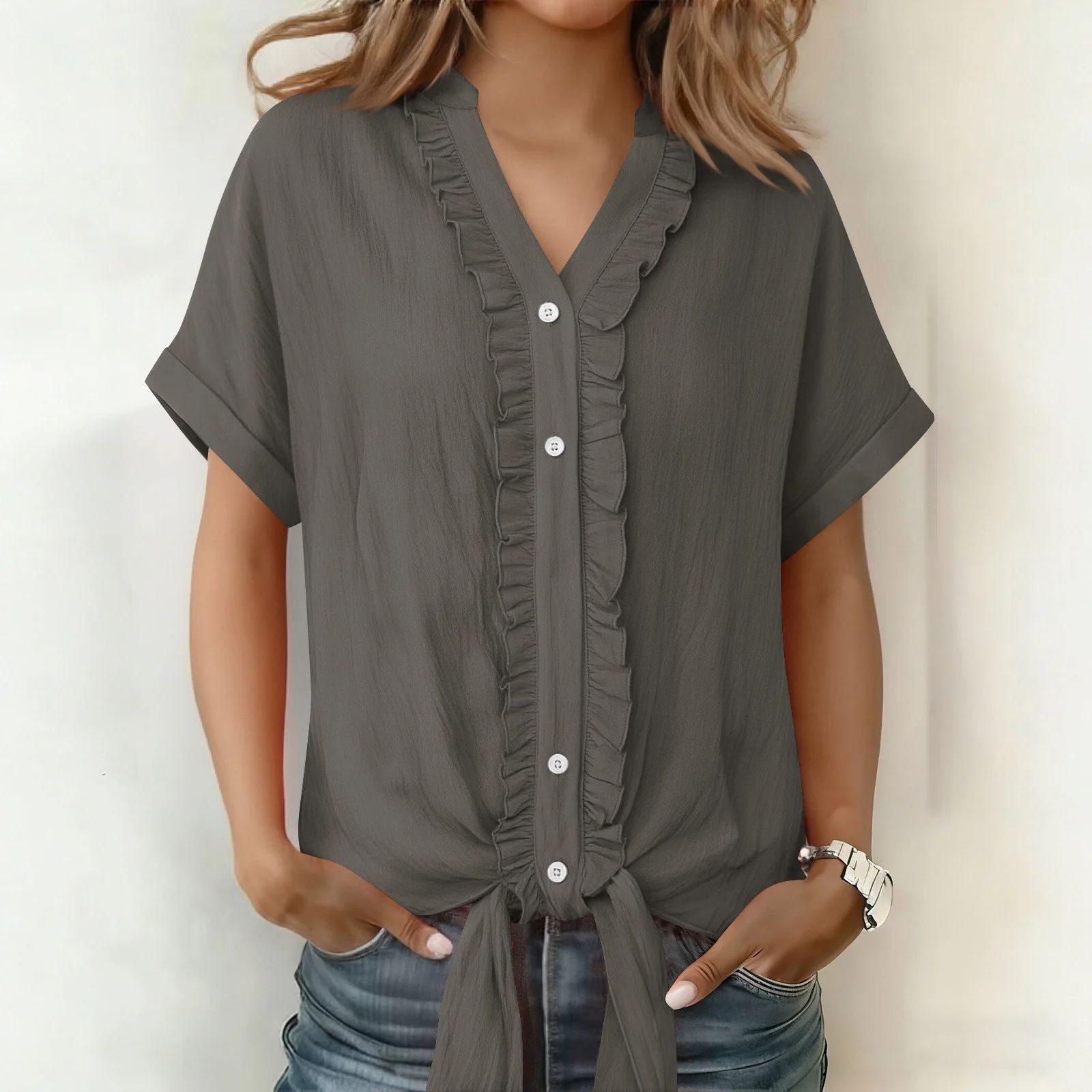 Kalyxa™ - Chemise femme coton col V manches courtes nouée été