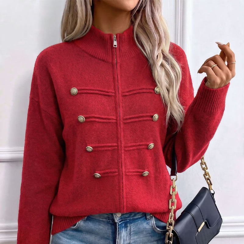 Teuntje - Gilet en maille femme à col montant zippé et boutons décoratifs
