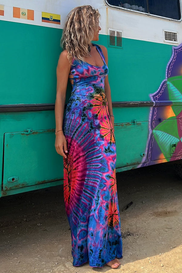 Junaria™ - Robe maxi avec imprimé tie-dye, lacée à l'arrière, extensible (avec soutien-gorge intégré)