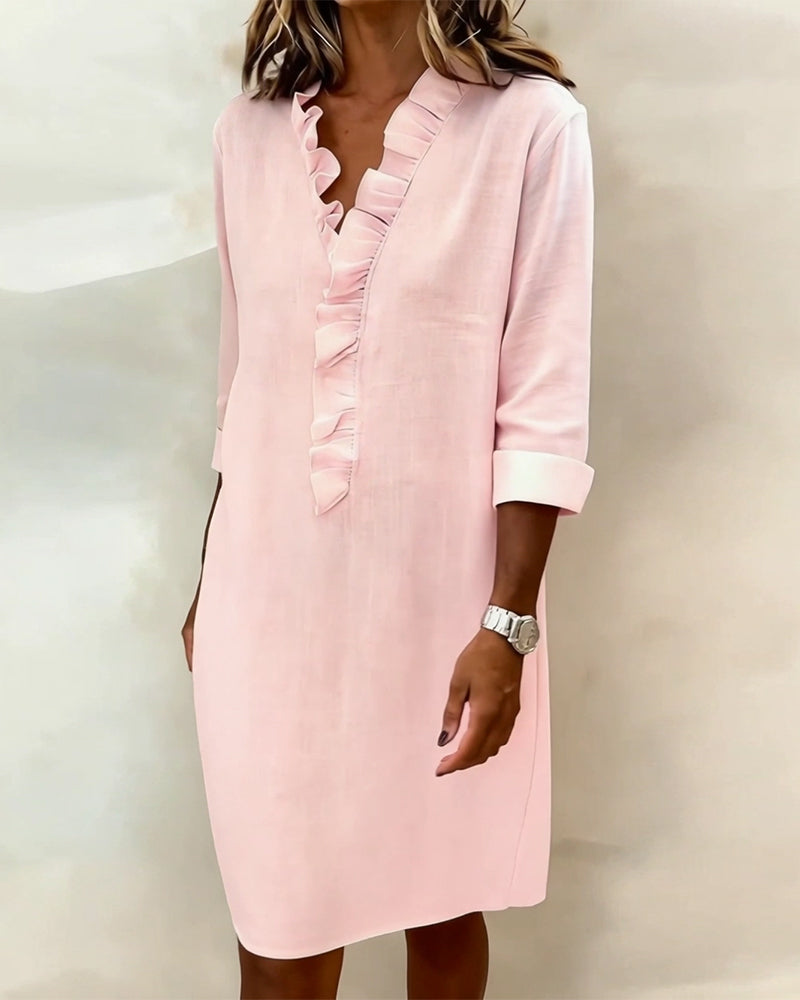 Ophivyn™ - Robe femme col V à volants coupe droite style décontracté
