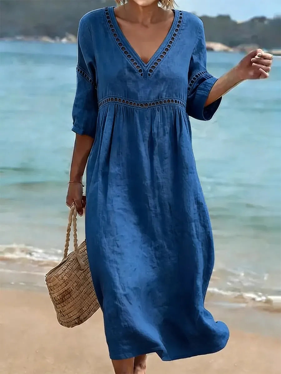 Rynoxa™ - Robe femme midi fluide col V manches larges style naturel élégant