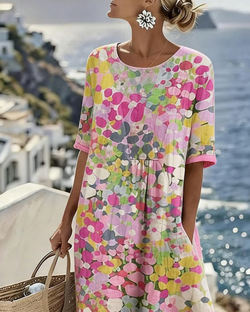 Averixa™ - Robe femme mi-longue imprimé floral abstrait coton lin été