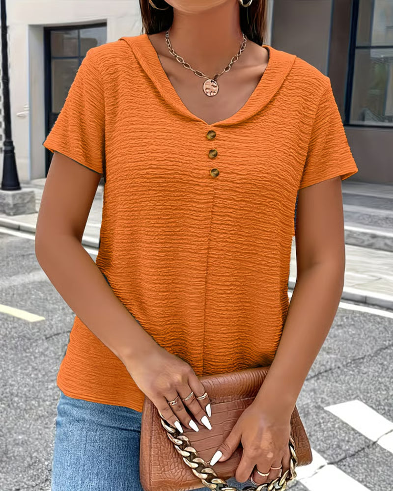 Syzelle™ - T-shirt femme col rond texturé manches courtes boutons décoratifs élégant
