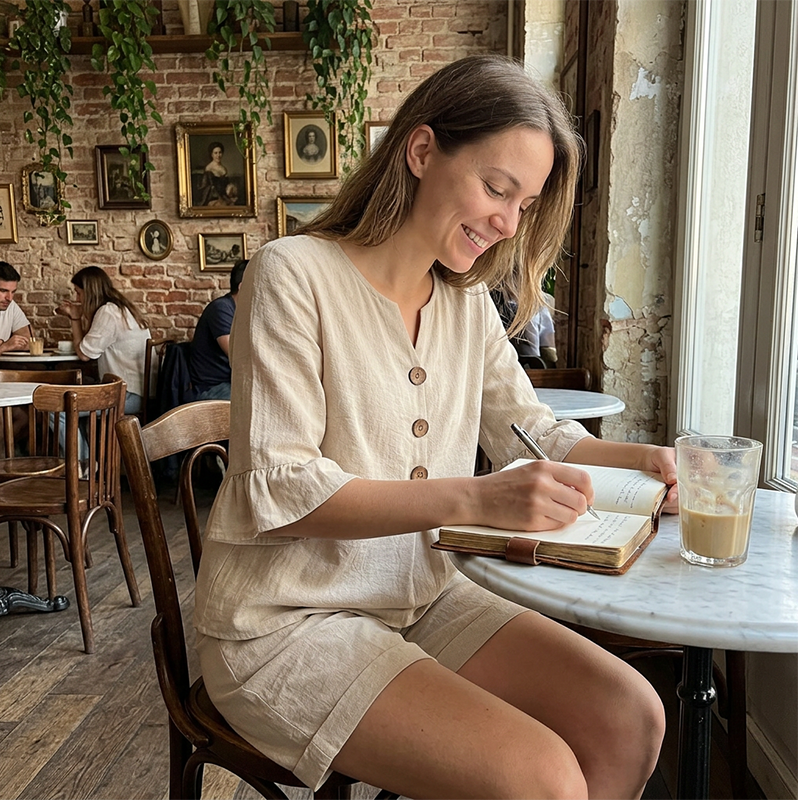 Telora - Ensemble femme en coton avec haut boutonné et short