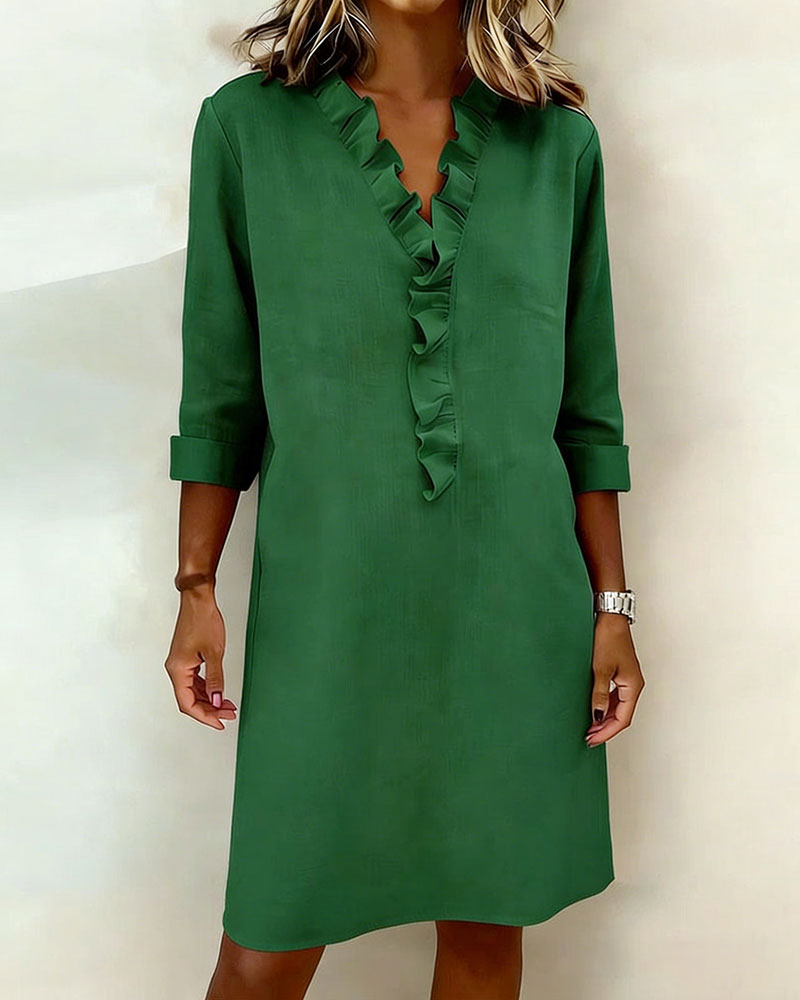 Ophivyn™ - Robe femme col V à volants coupe droite style décontracté