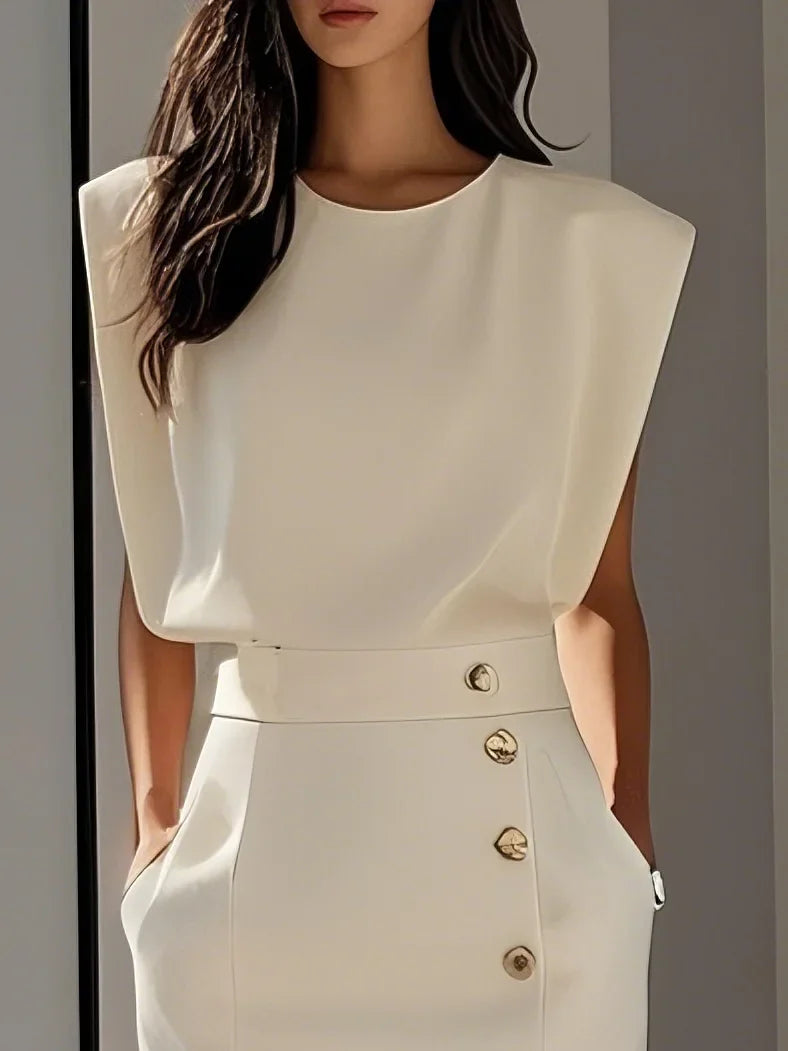 Floralia™ - Robe midi unie avec fente à boutons et décolleté rond