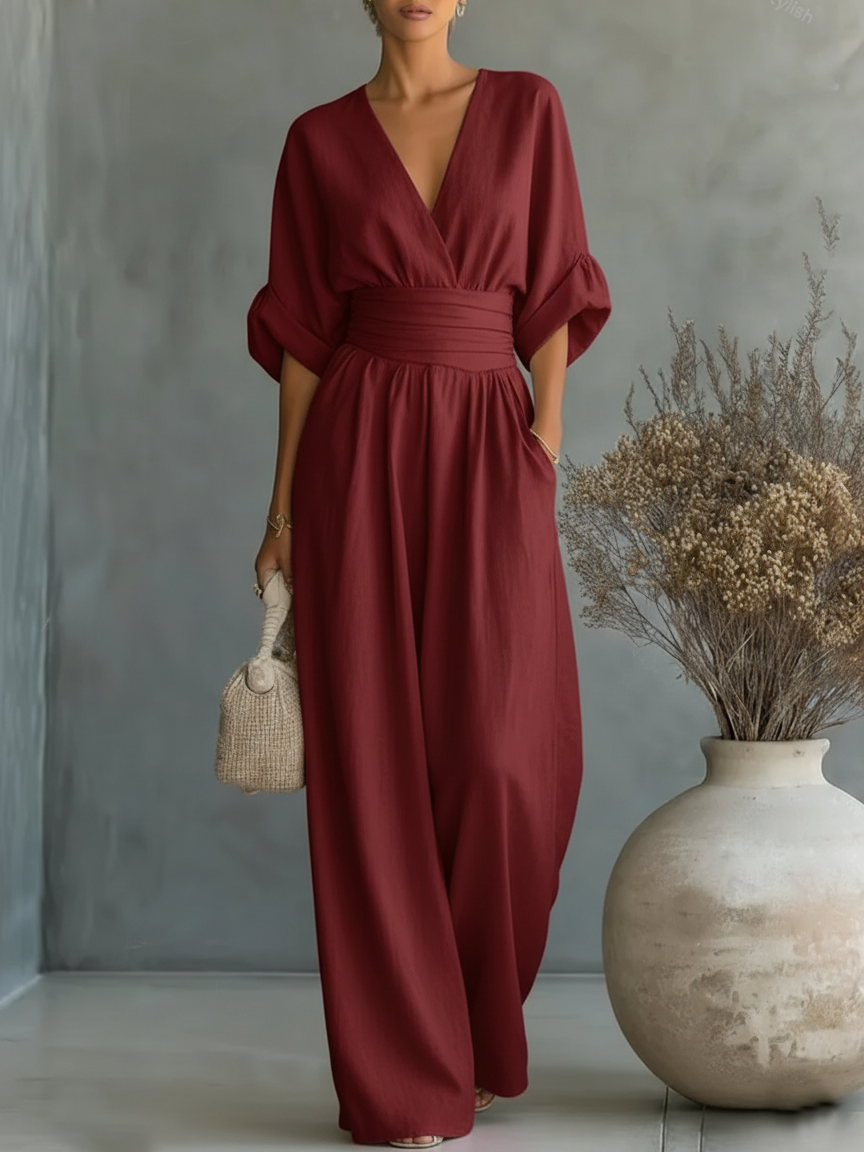 Helyrae™ - Combinaison Femme Col V Taille Marquée Coupe Fluide Élégante