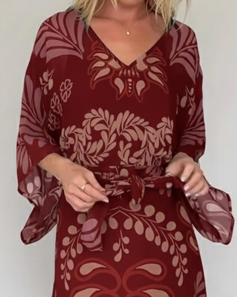 Praxellea™ - Robe bohème femme maxi ample col V imprimé feuilles élégant