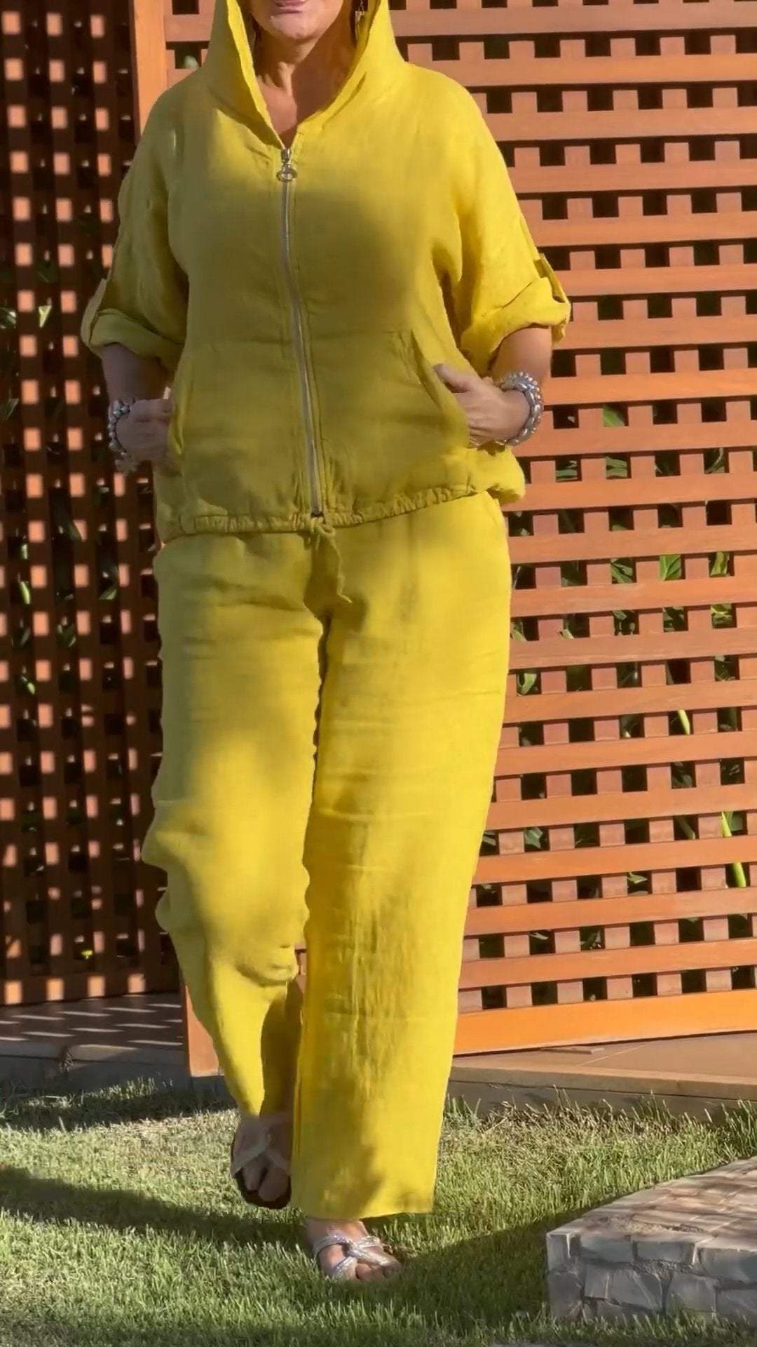 Elyraxa™ - Ensemble femme capuche zip coton lin coupe ample été