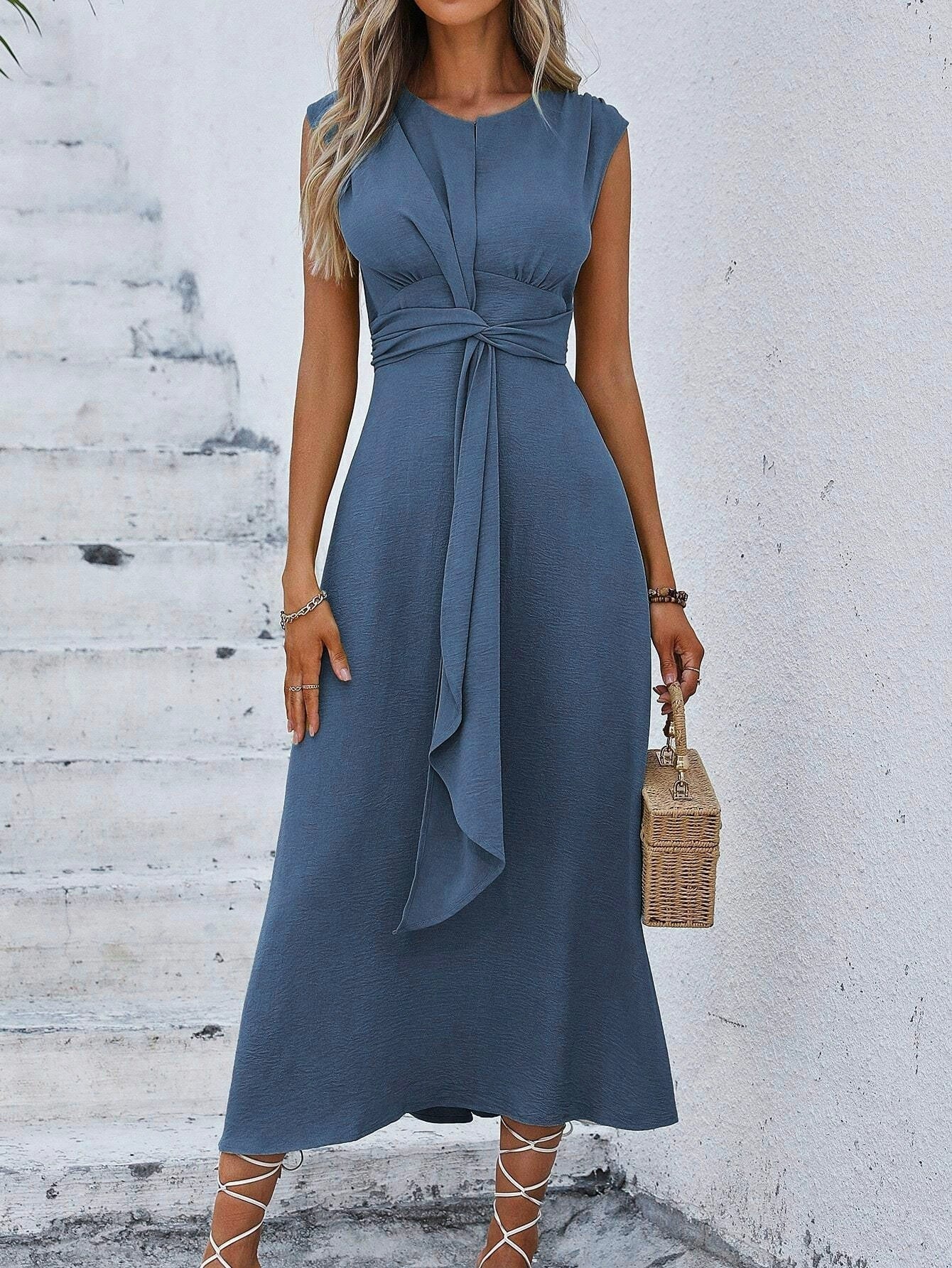 Orivessa - Robe longue femme unie sans manches avec ceinture drapée