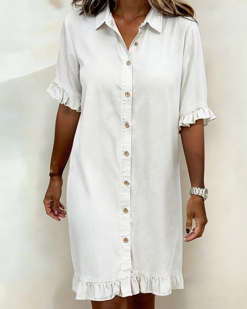 Glytha™ - Robe Femme Denim Boutonnée Manches Volants Coupe Droite Décontractée