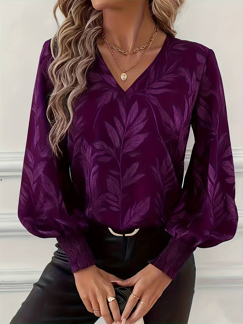 Heliviennea - Blouse Élégante À Manches Longues Imprimé Feuilles
