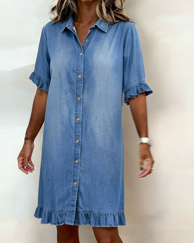 Glytha™ - Robe Femme Denim Boutonnée Manches Volants Coupe Droite Décontractée
