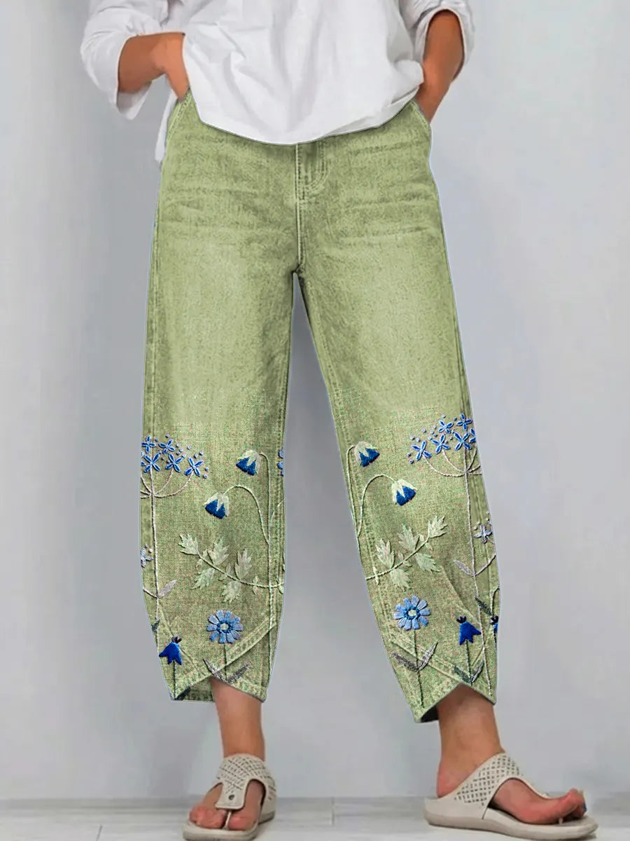 Fiorixa™ - Pantalon femme denim broderie florale coupe droite casual