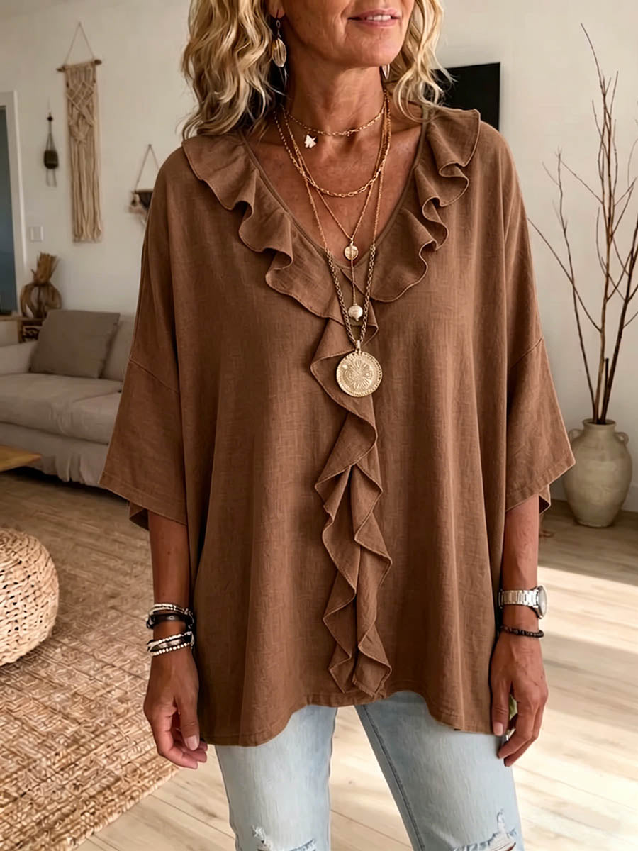 Hynorae™ - Top Femme Ample Col V Volants Léger Pour Quotidien Chic