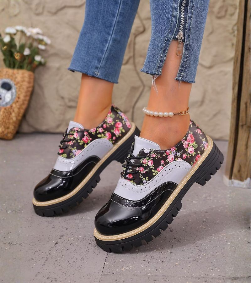 Maan - Chaussures Oxford Femme à Lacets avec Motif Floral et Semelle Épaisse