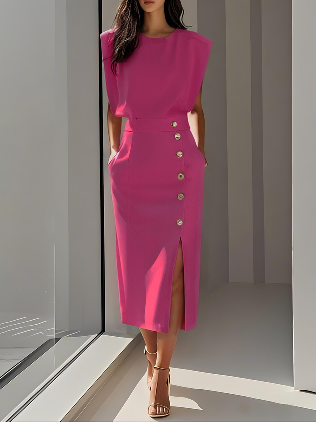 Floralia™ - Robe midi unie avec fente à boutons et décolleté rond