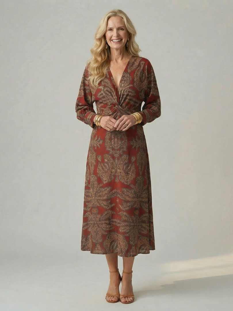 Falune™ - Robe femme midi croisée imprimée taille cintrée élégante