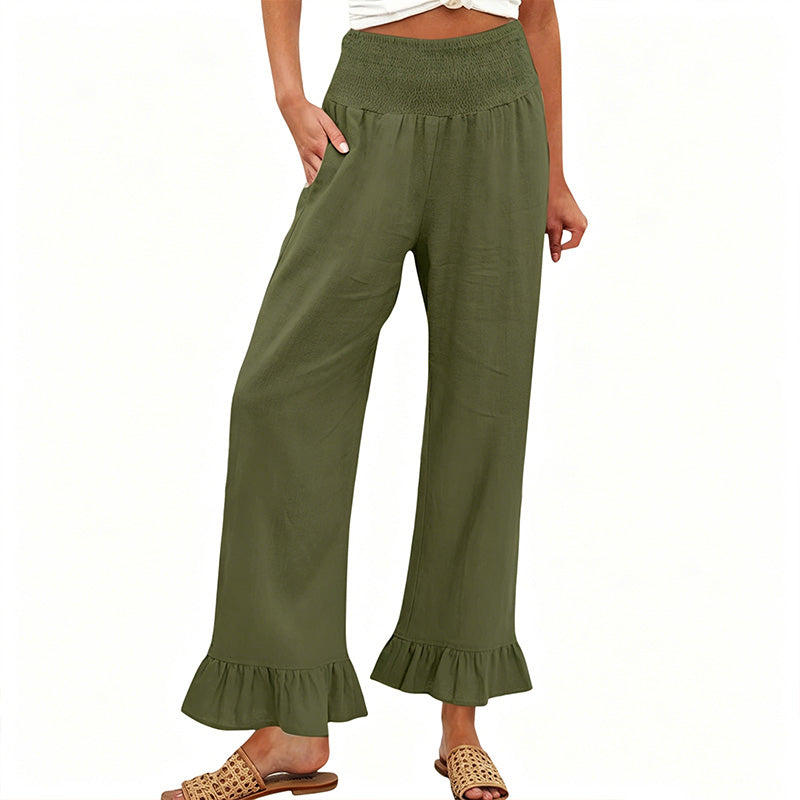 Dorexa™ - Pantalon femme taille haute smockée large coton lin boho