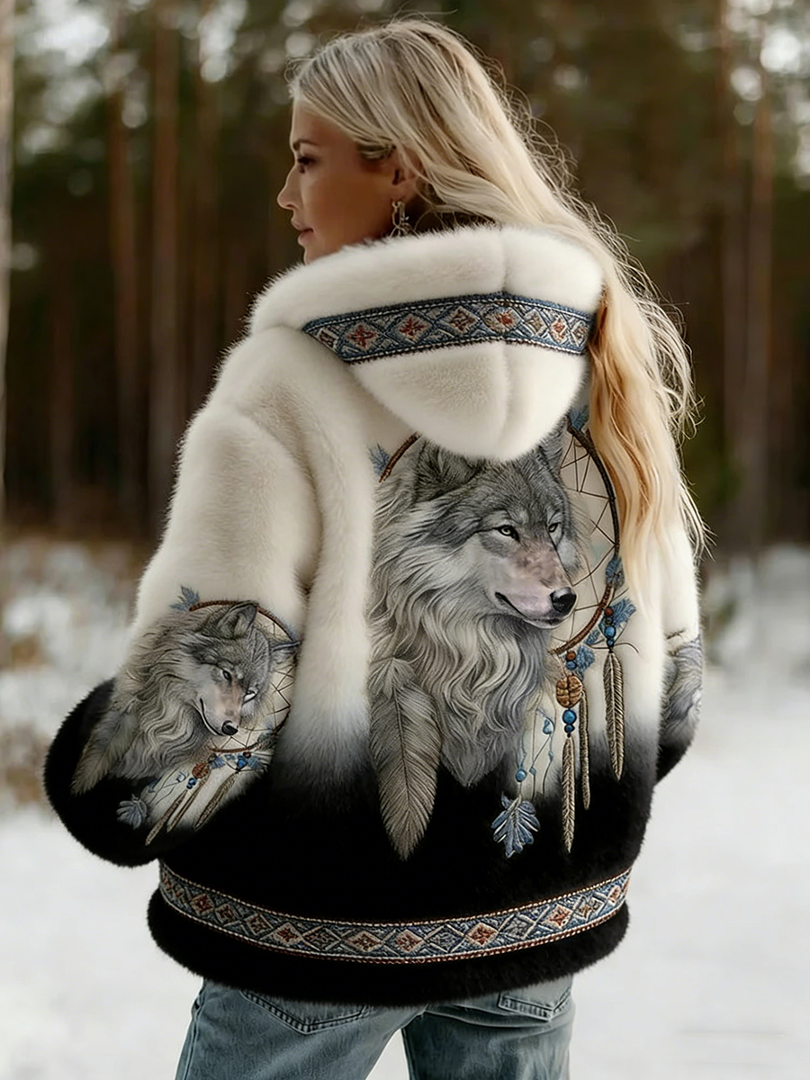 Dahlina™ - Veste Femme Douce À Capuche Imprimé Loup
