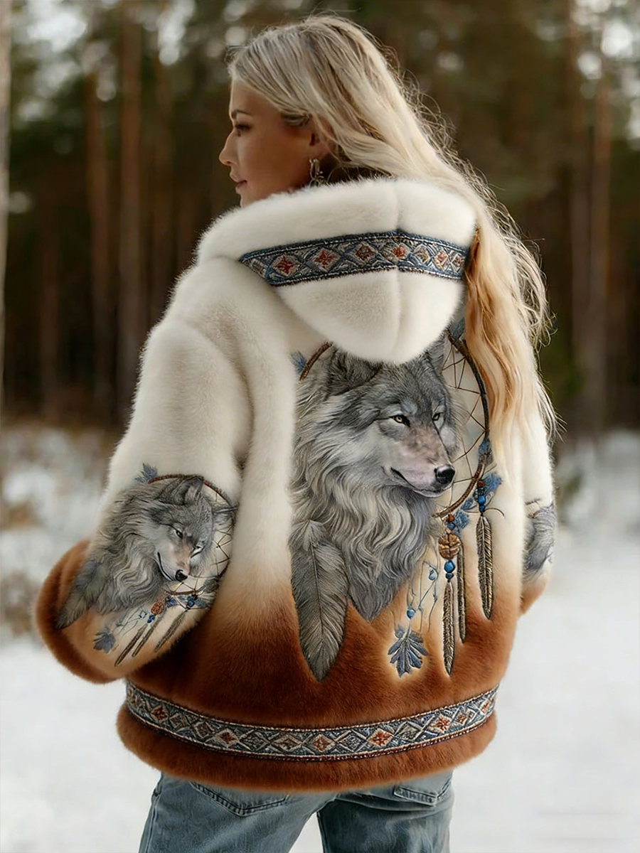 Dahlina™ - Veste Femme Douce À Capuche Imprimé Loup