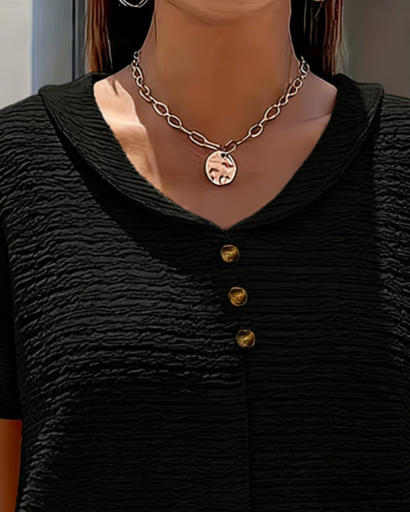 Syzelle™ - T-shirt femme col rond texturé manches courtes boutons décoratifs élégant